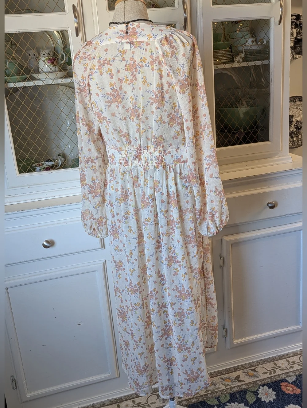 AE Women's Sheer Floral Tie-Front Romantic Duster Cream & Dusty Rose Robe - Picture 9 of 9